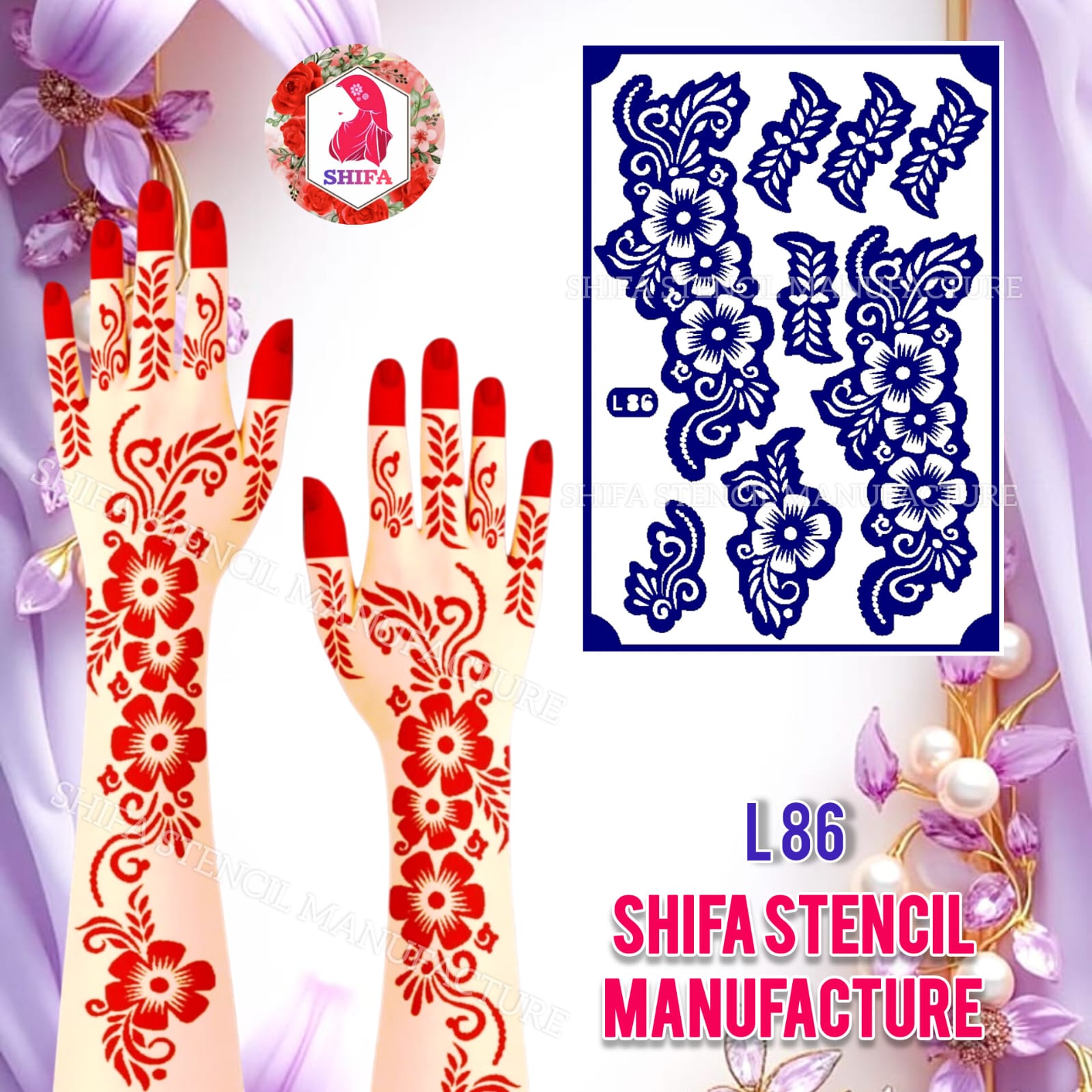 L 86 – Floral Vine Charm Sticker Overview Henna Stencil - Shifa Stencil